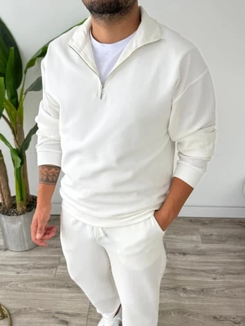 Petek Örme Alt Üst Yarım Fermuarlı Takım - Ekru