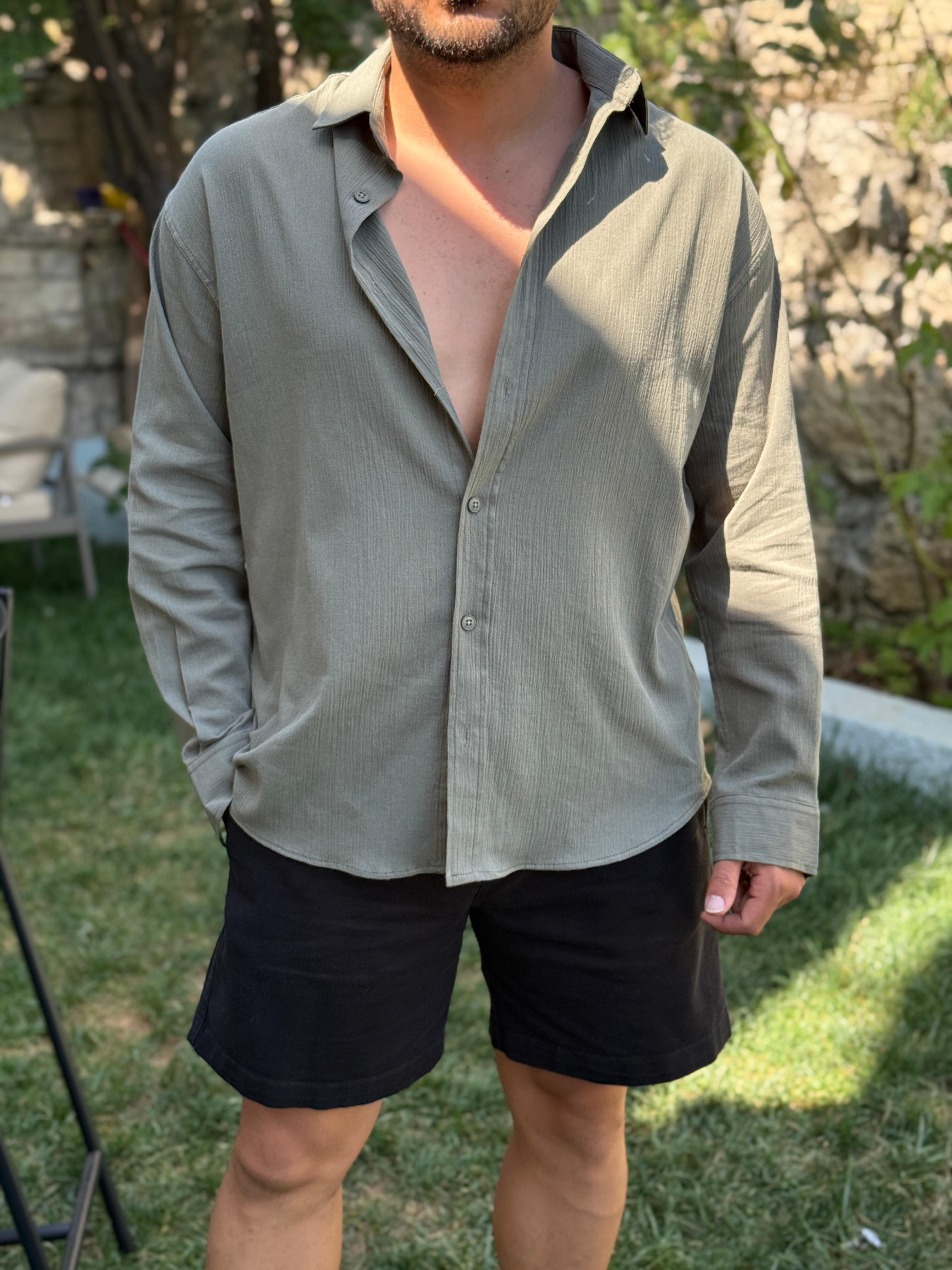 Kırinkıl Sırt Pile Detaylı Pamuklu Gömlek Haki Yeşil