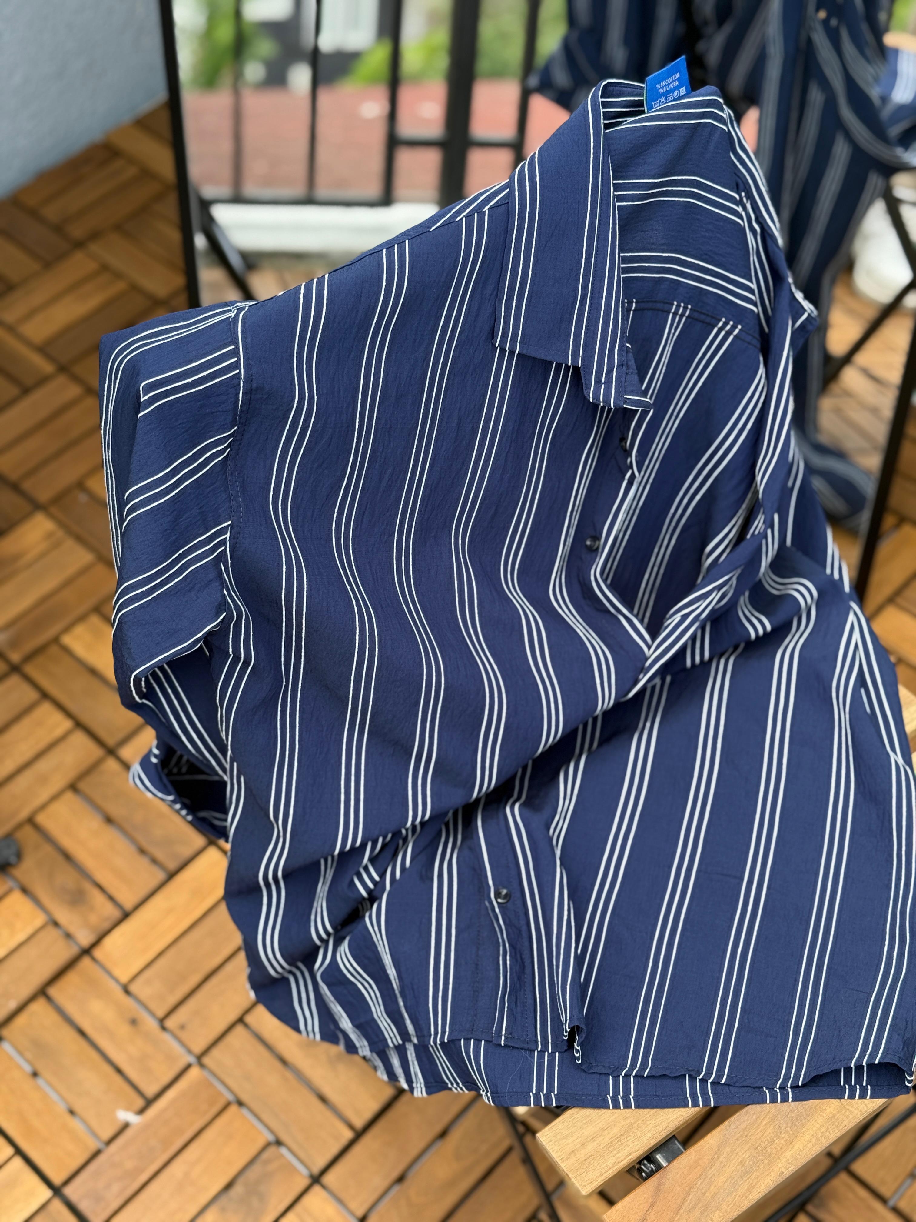 Tensel Kırinkıl 3 Çizgili Oversize Gömlek Lacivert