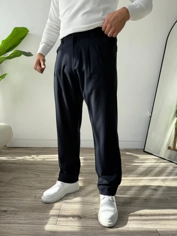 Kumaş Baggy Pile Detaylı Pantolon - Lacivert