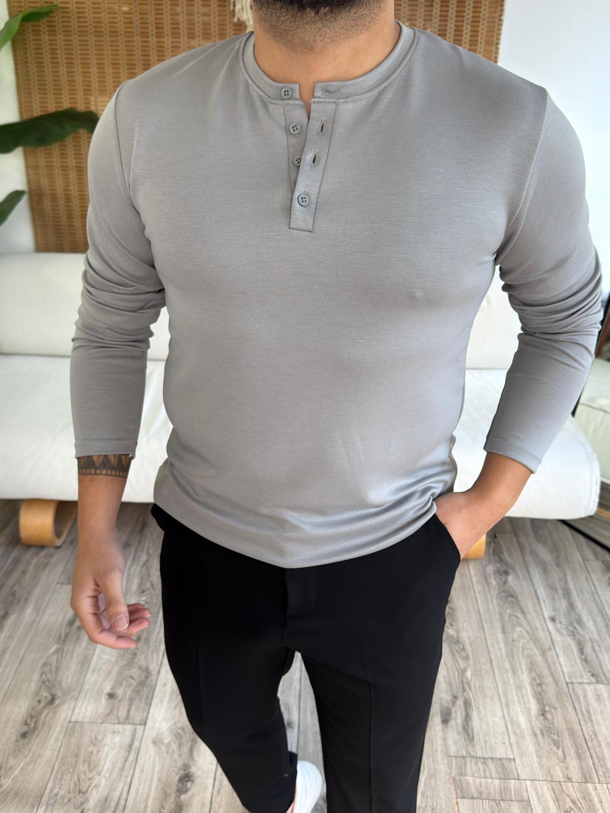 Modal Kumaş Premium Düğmeli Sweatshirt - Gri