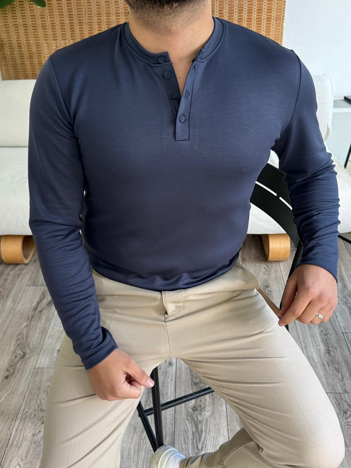 Modal Kumaş Premium Düğmeli Sweatshirt - İndigo