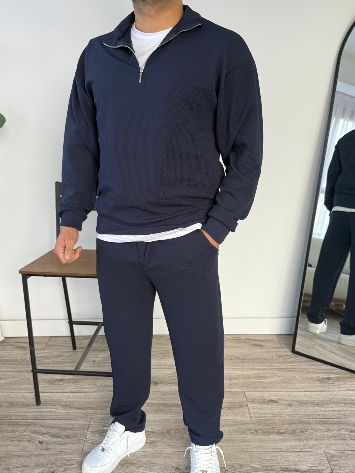 Petek Örme Alt Üst Yarım Fermuarlı Takım - Lacivert