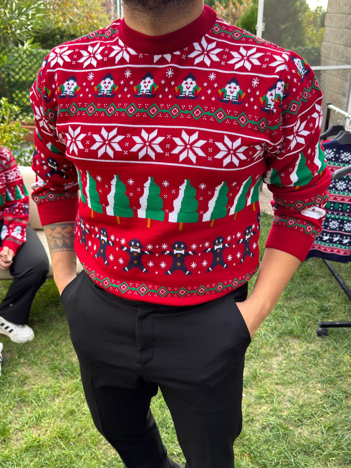 Yılbaşı temalı bisiklet yaka triko kazak - Kırmızı