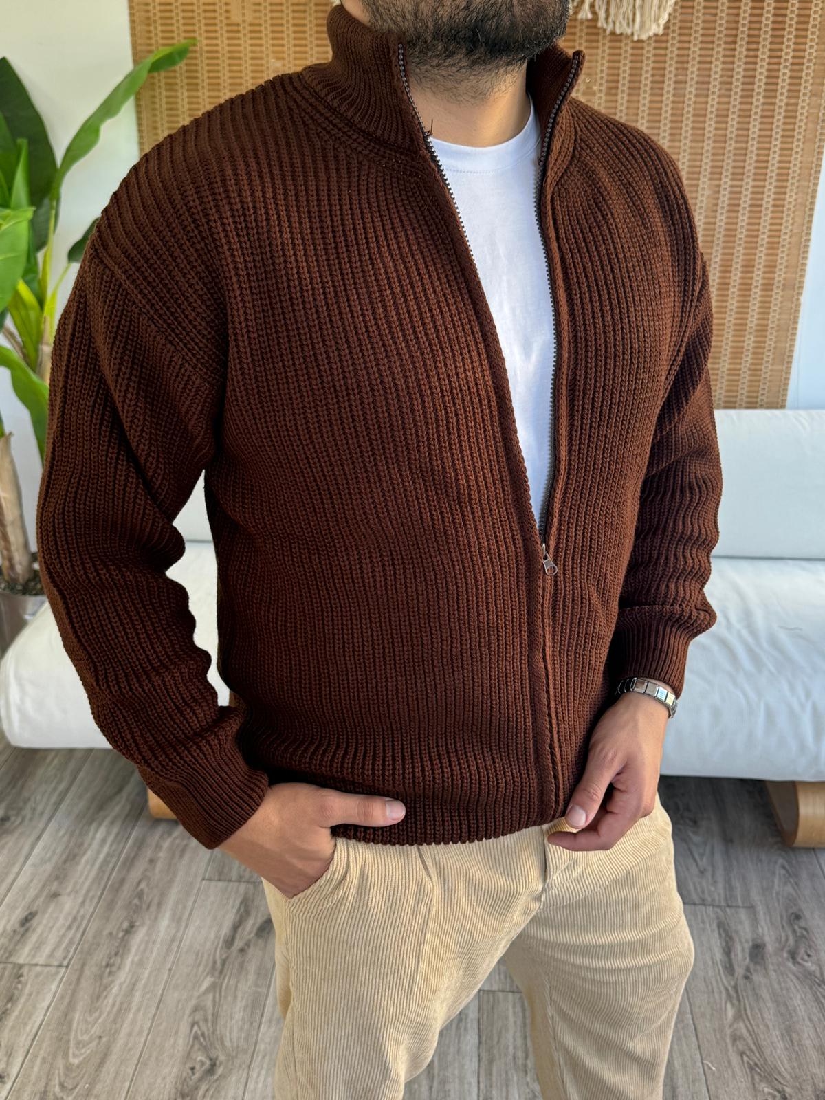 Tam Fermuar Kapamalı Triko Hırka - Kahverengi