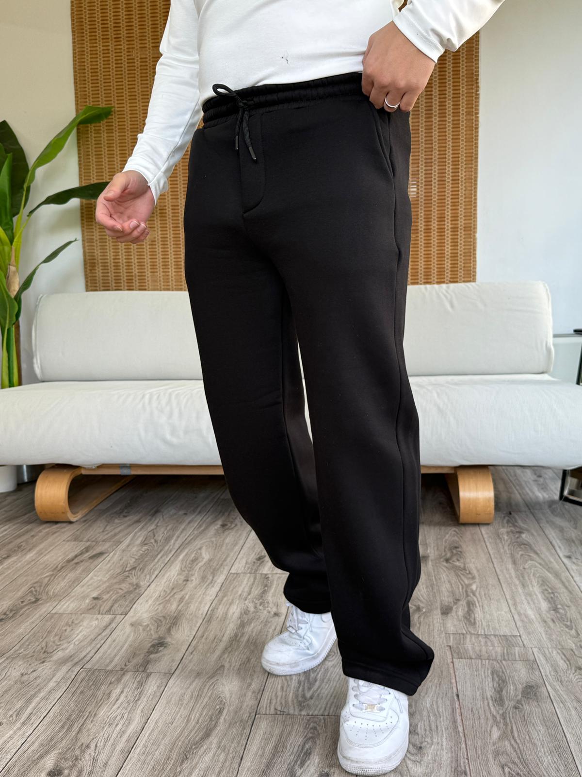 Üç İplik Şardonlu Baggy Eşofman Alt - Siyah