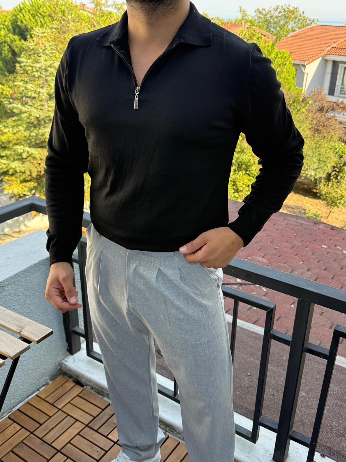 Fermuarlı İnce Triko Kazak  - Siyah