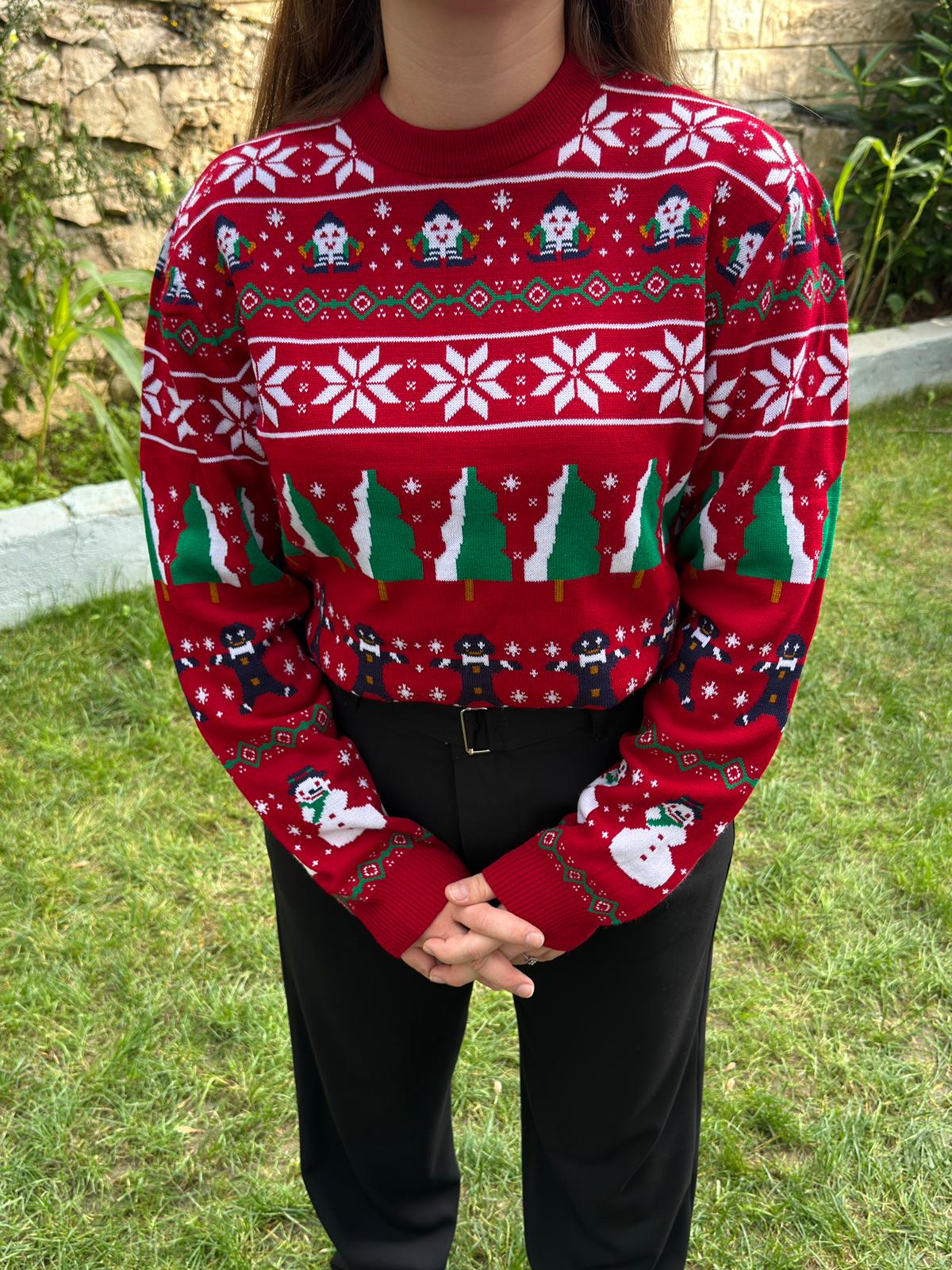 Yılbaşı temalı bisiklet yaka triko kazak - Kırmızı