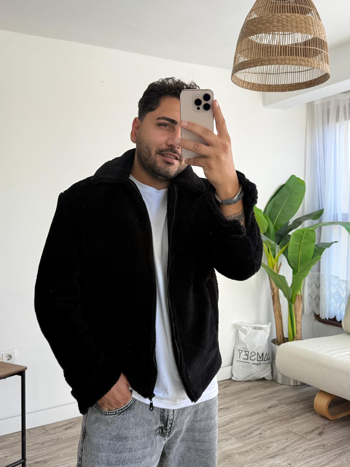 Peluş İçi Astarlı Ceket - Siyah