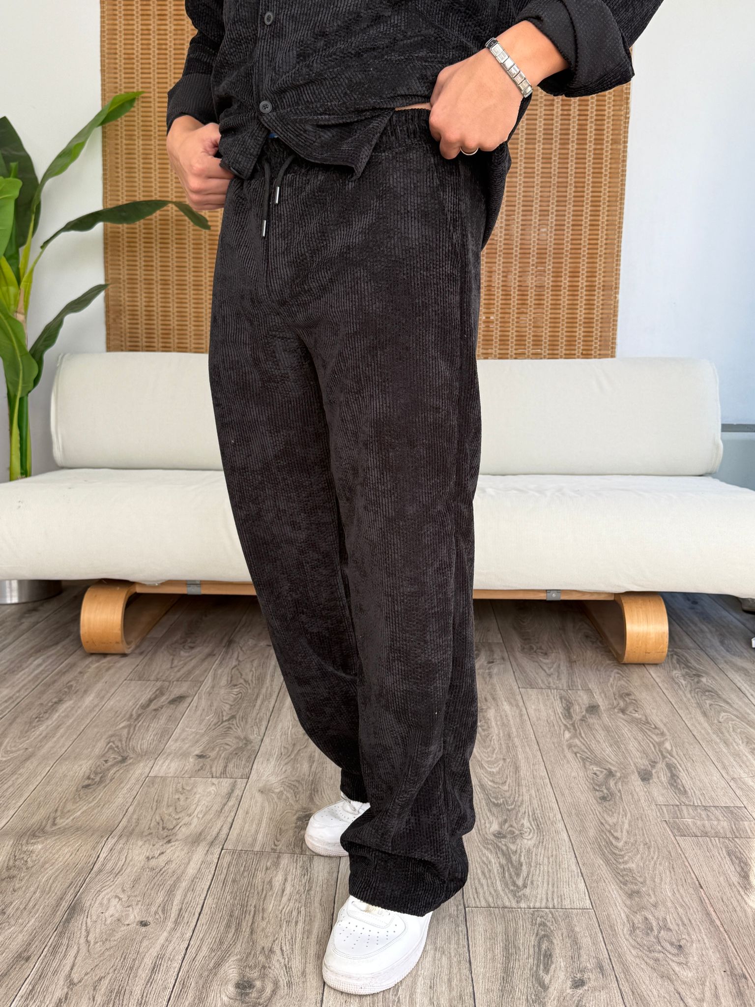 Kadife Alt Baggy Üst Gömlek  - Siyah