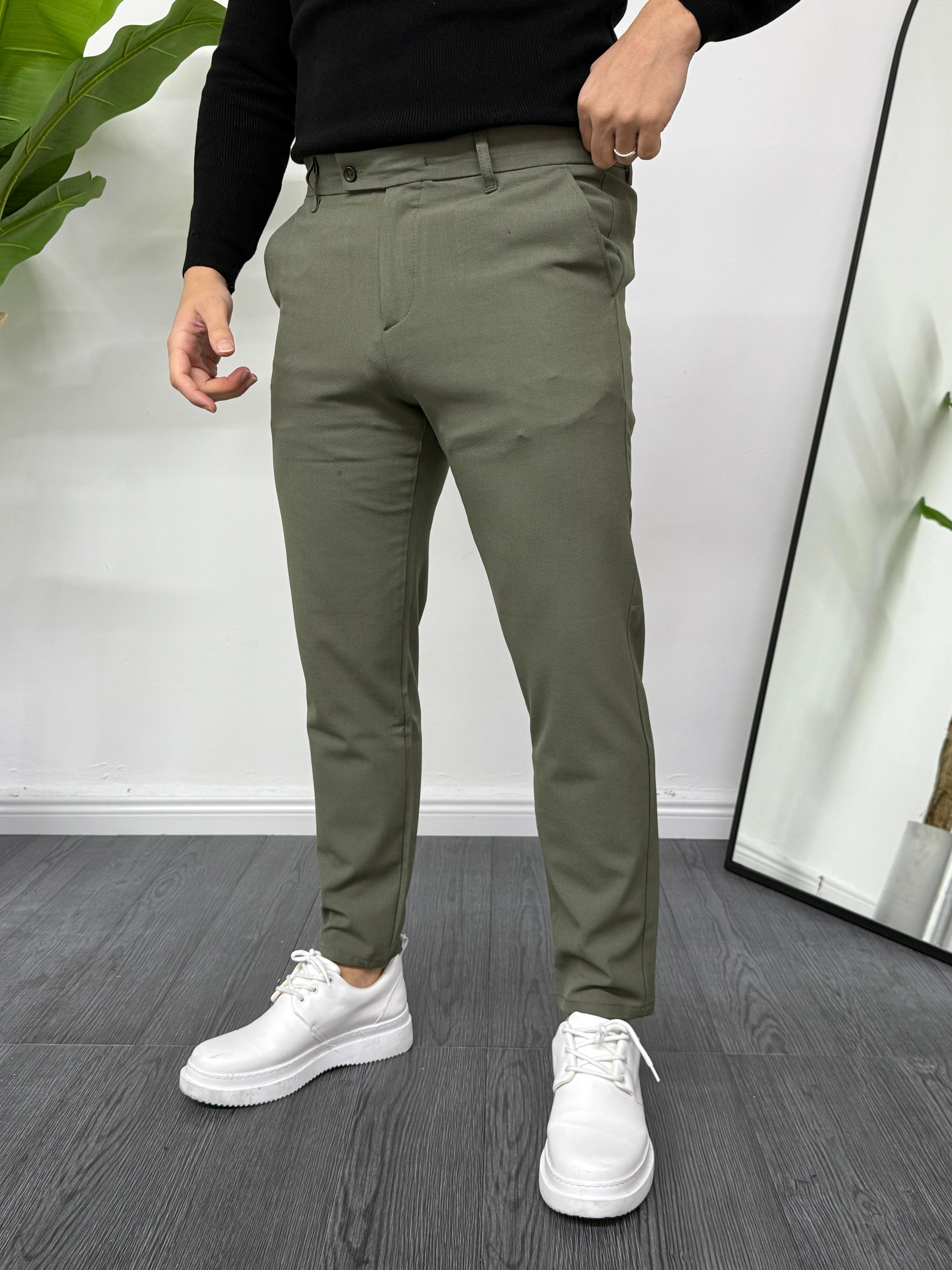 Likralı Slim Fit Dilli Kapama Kumaş Pantolon Yeşil
