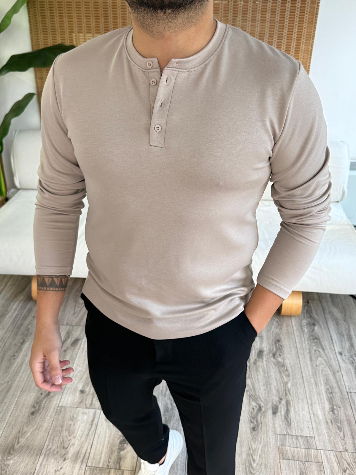 Modal Kumaş Premium Düğmeli Sweatshirt - Bej