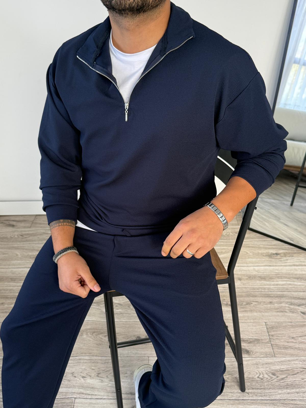 Petek Örme Alt Üst Yarım Fermuarlı Takım - Lacivert