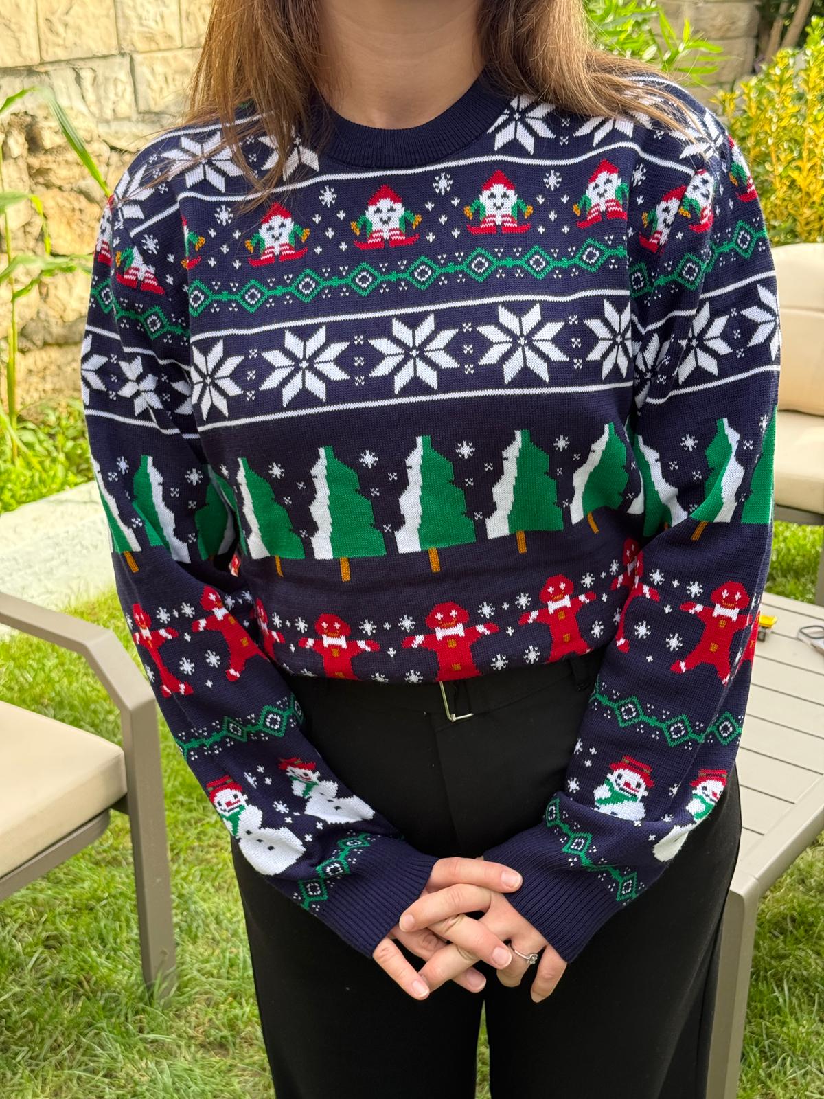 Yılbaşı temalı bisiklet yaka triko kazak - Lacivert