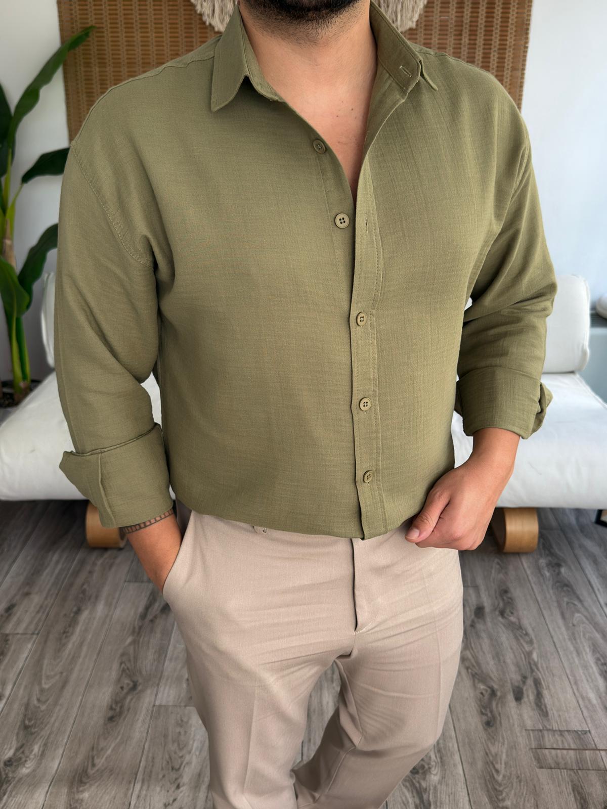 Regular Kalıp Müslin Kumaş %100 Pamuklu Gömlek - Haki Yeşili