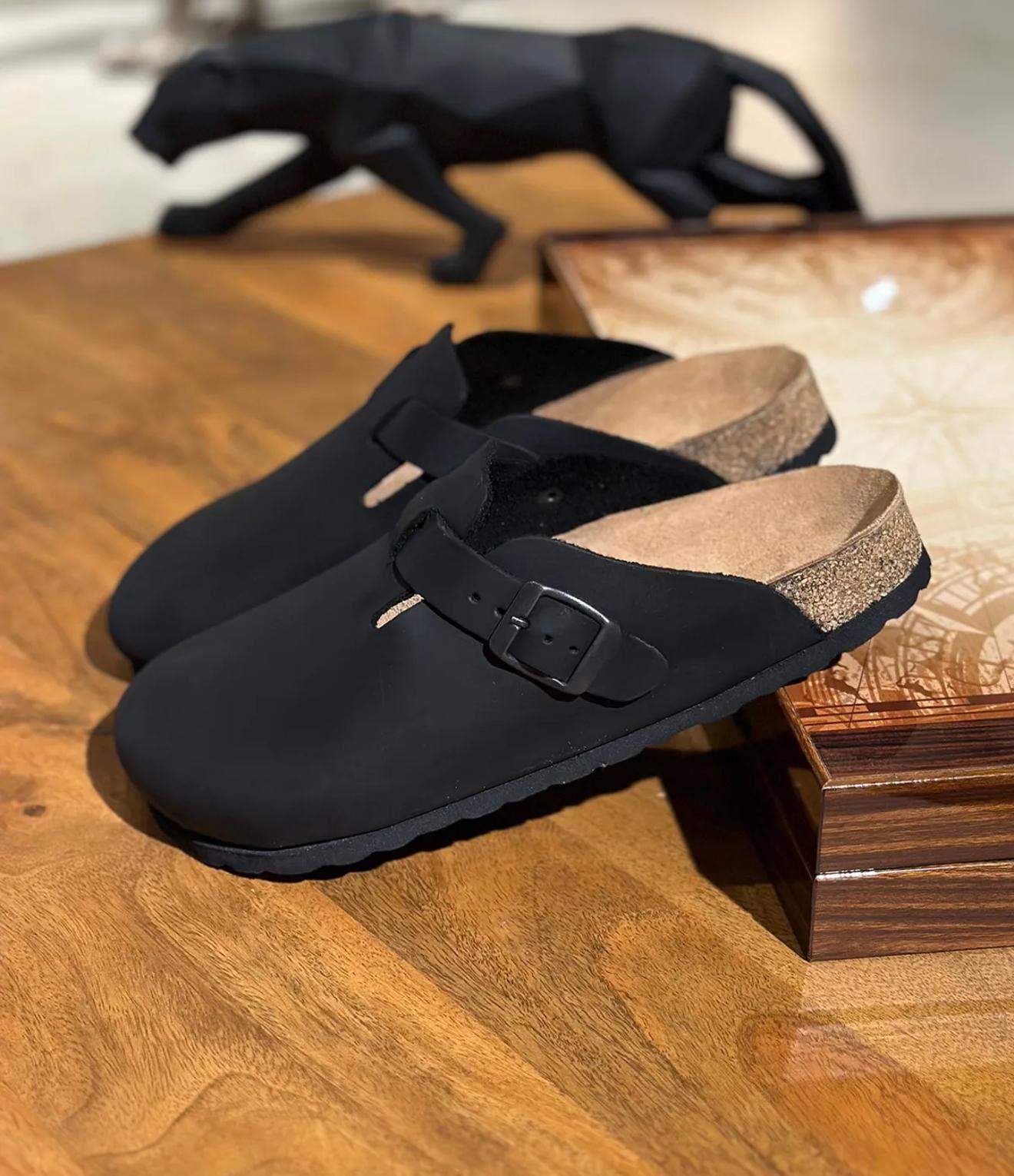 Clax Erkek Deri Ön Kapalı Terlik - Siyah