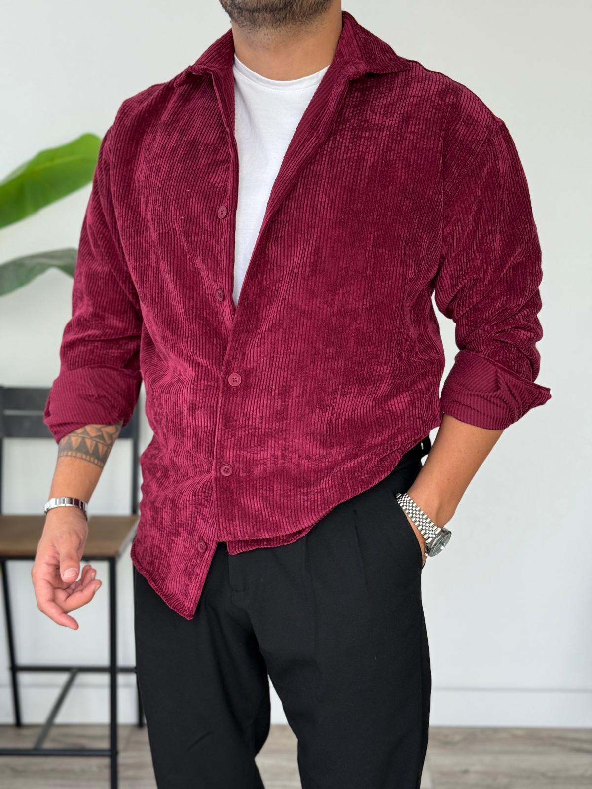 Tam Kalıp Kadife Gömlek  - vişne çürüğü