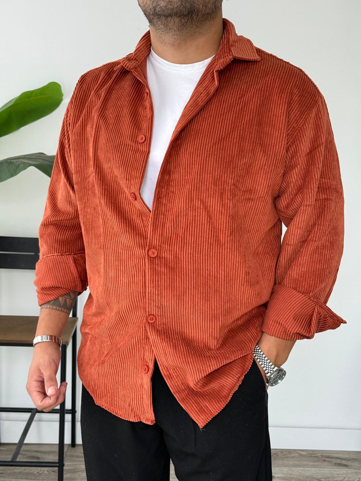 Tam Kalıp Kadife Gömlek  - Turuncu
