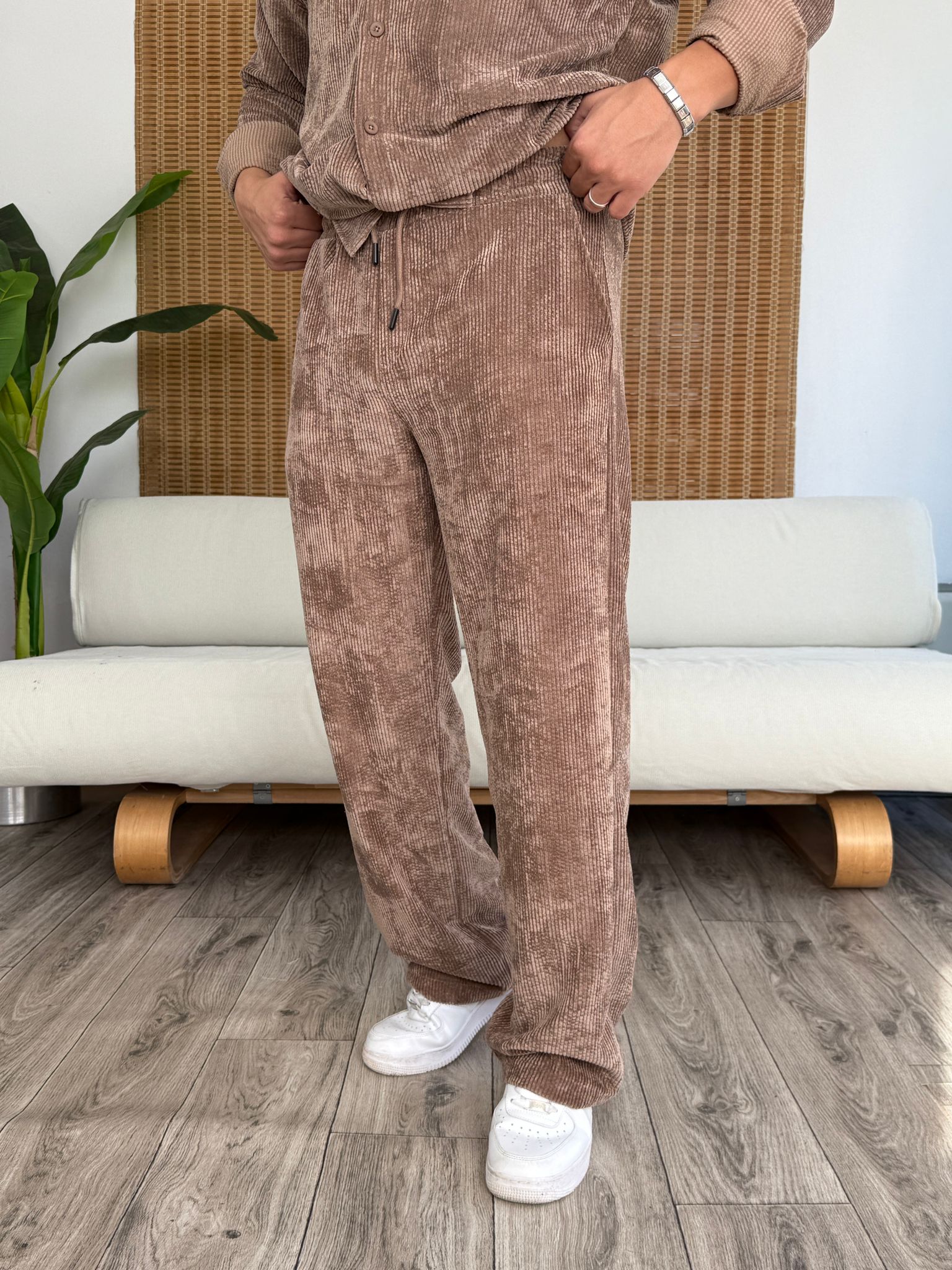 Kadife Alt Baggy Üst Gömlek  - Kahverengi