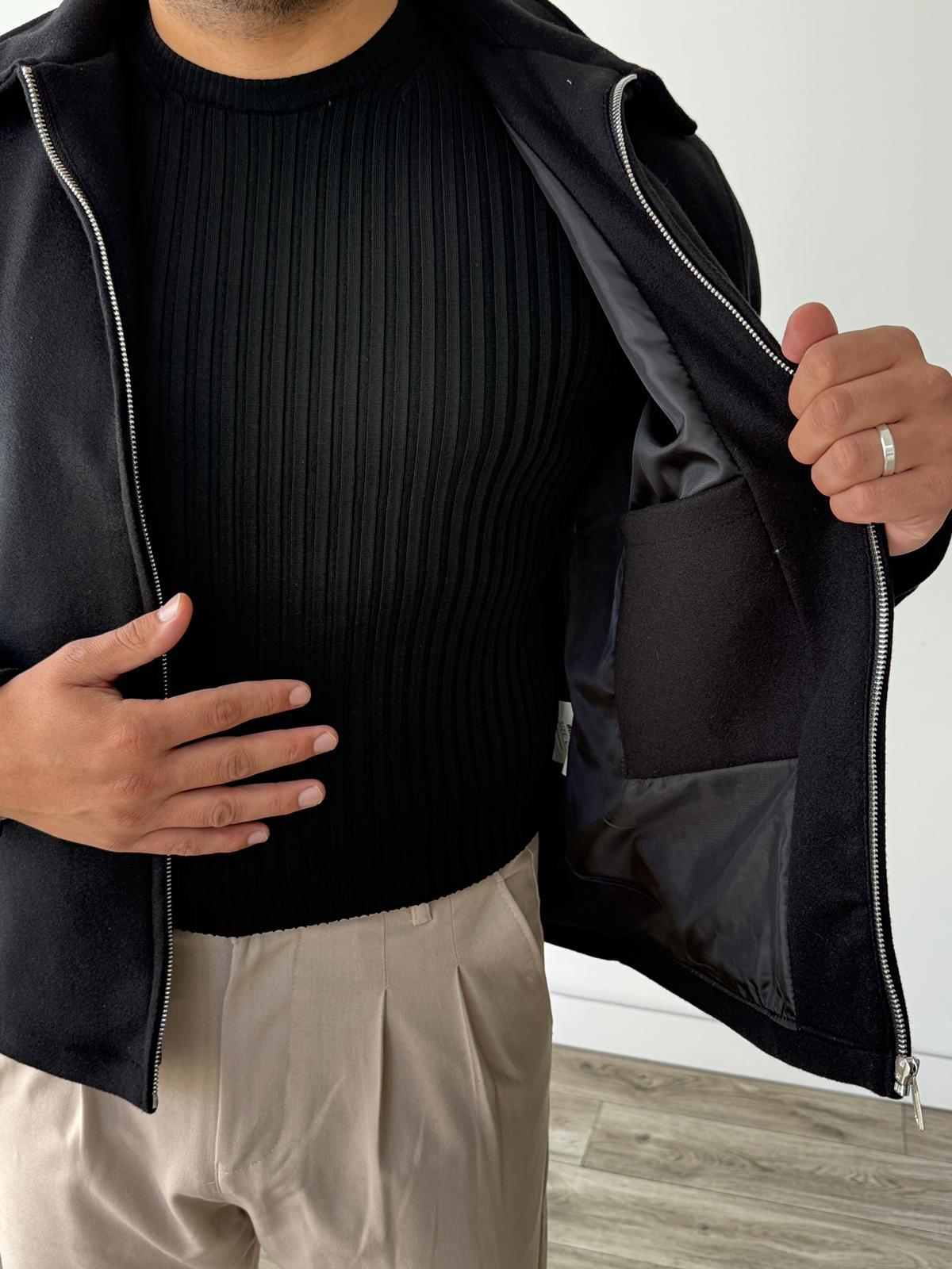 Klasik Tam Kalıp Kaşe Yakalı Ceket  - Siyah