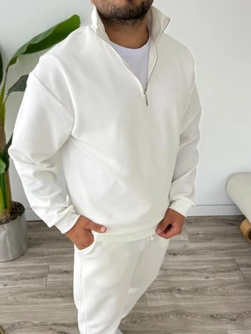 Petek Örme Alt Üst Yarım Fermuarlı Takım - Ekru