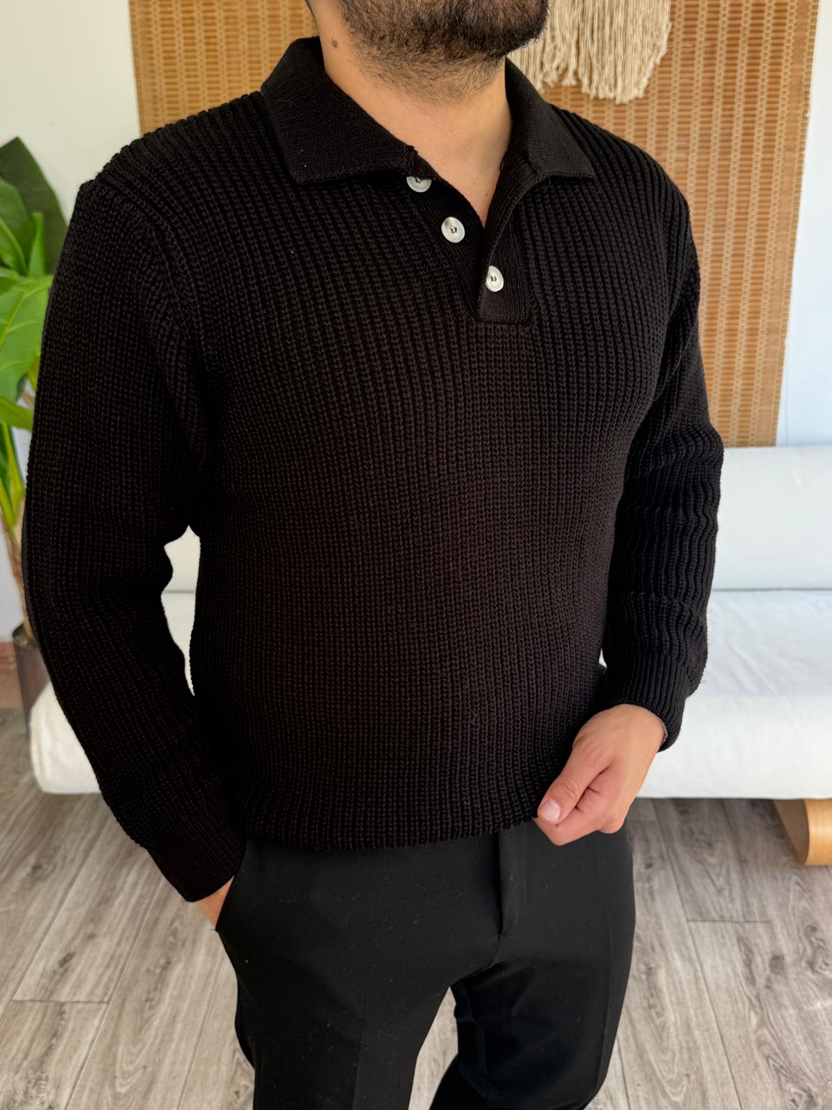 Düğme Kapama Kalın Triko Kazak - Siyah