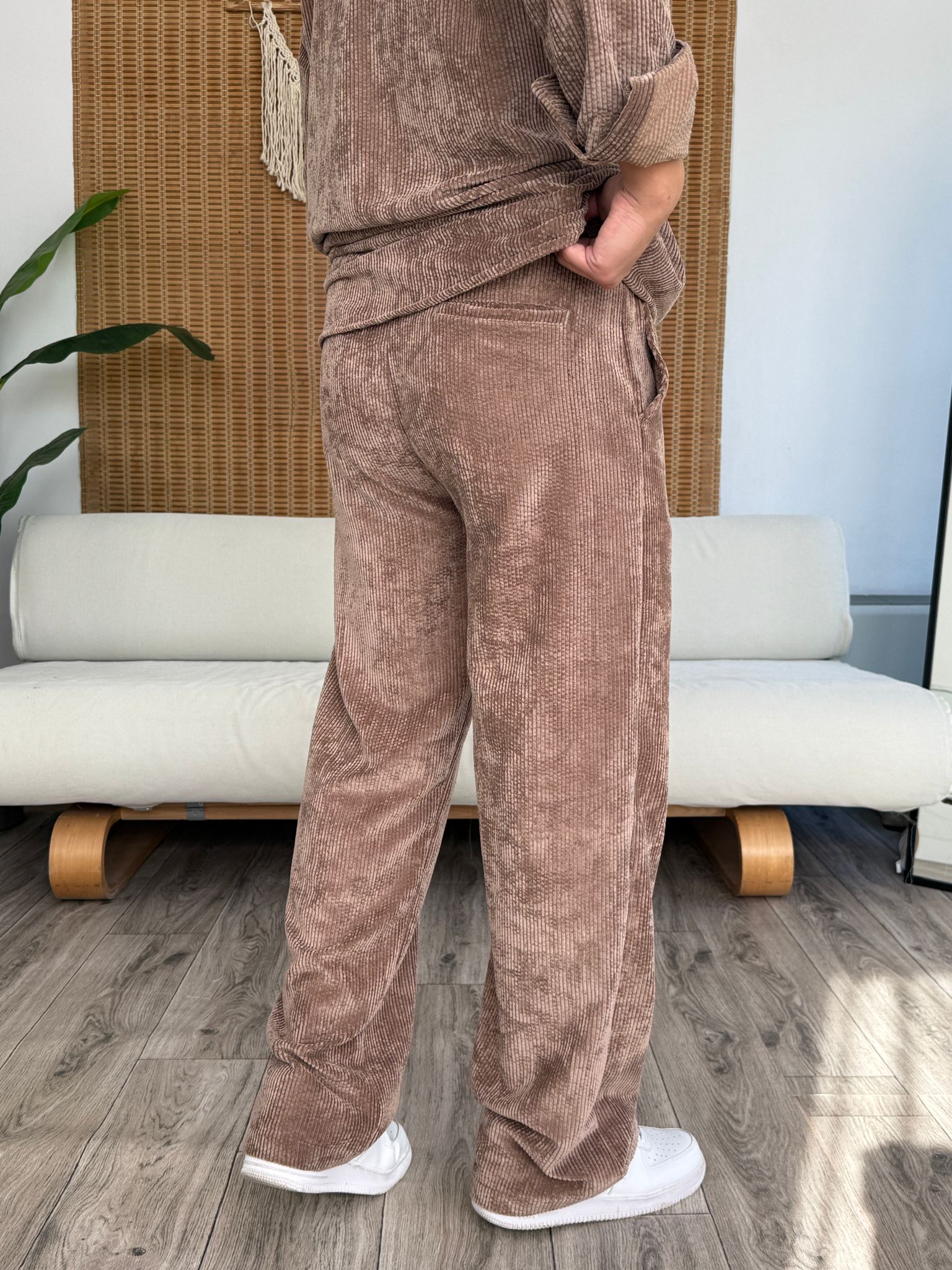 Kadife Alt Baggy Üst Gömlek  - Kahverengi