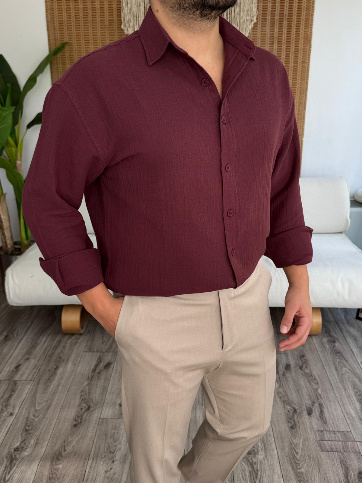 Regular Kalıp Müslin Kumaş %100 Pamuklu Gömlek - Bordo