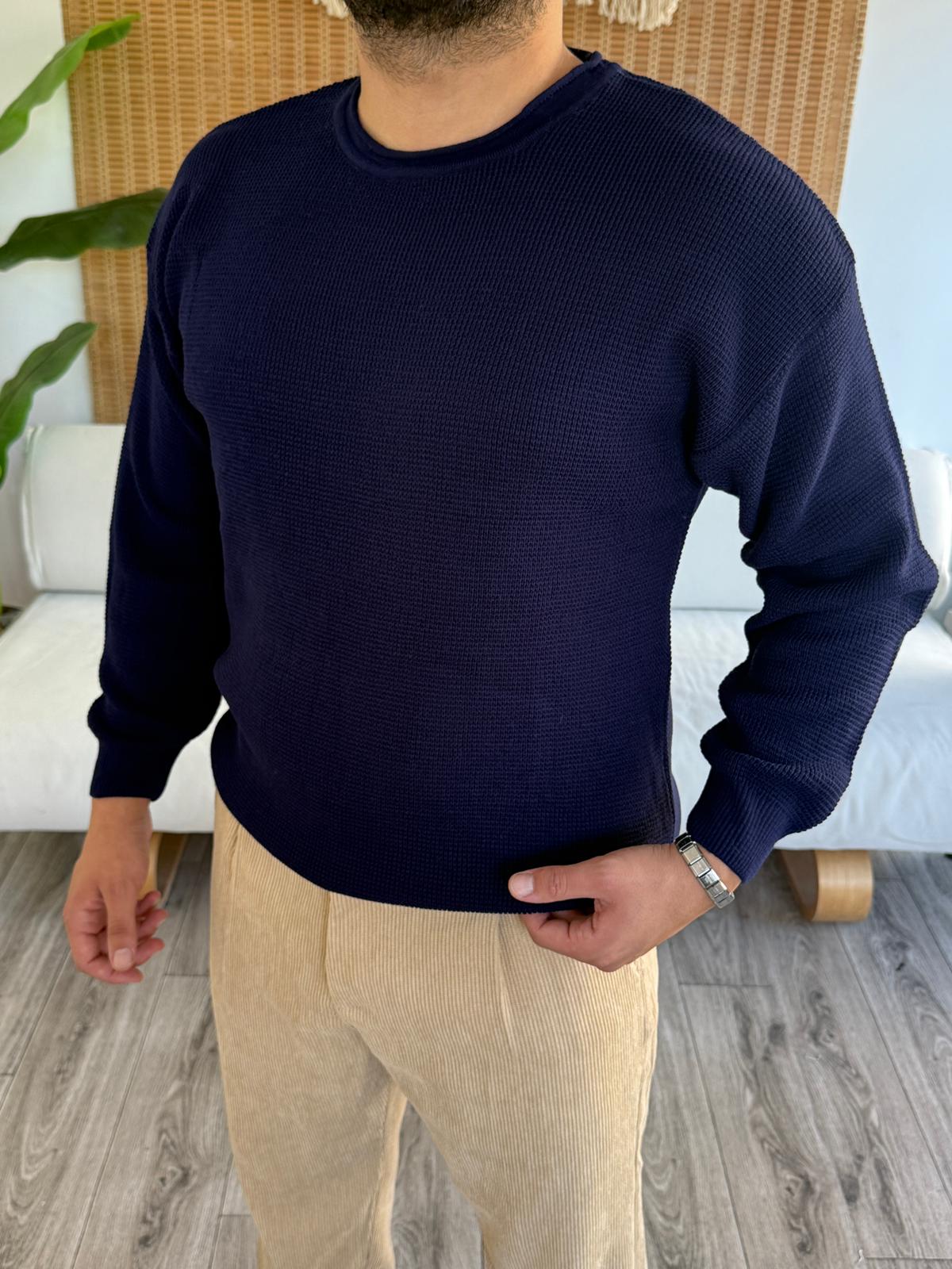 Geniş Yaka Örme Triko Kazak - Lacivert