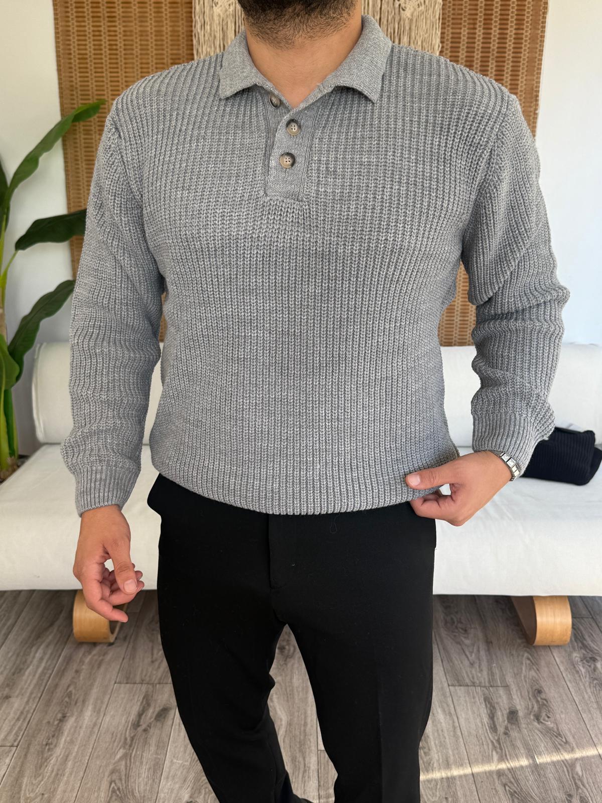 Düğme Kapama Kalın Triko Kazak - Gri