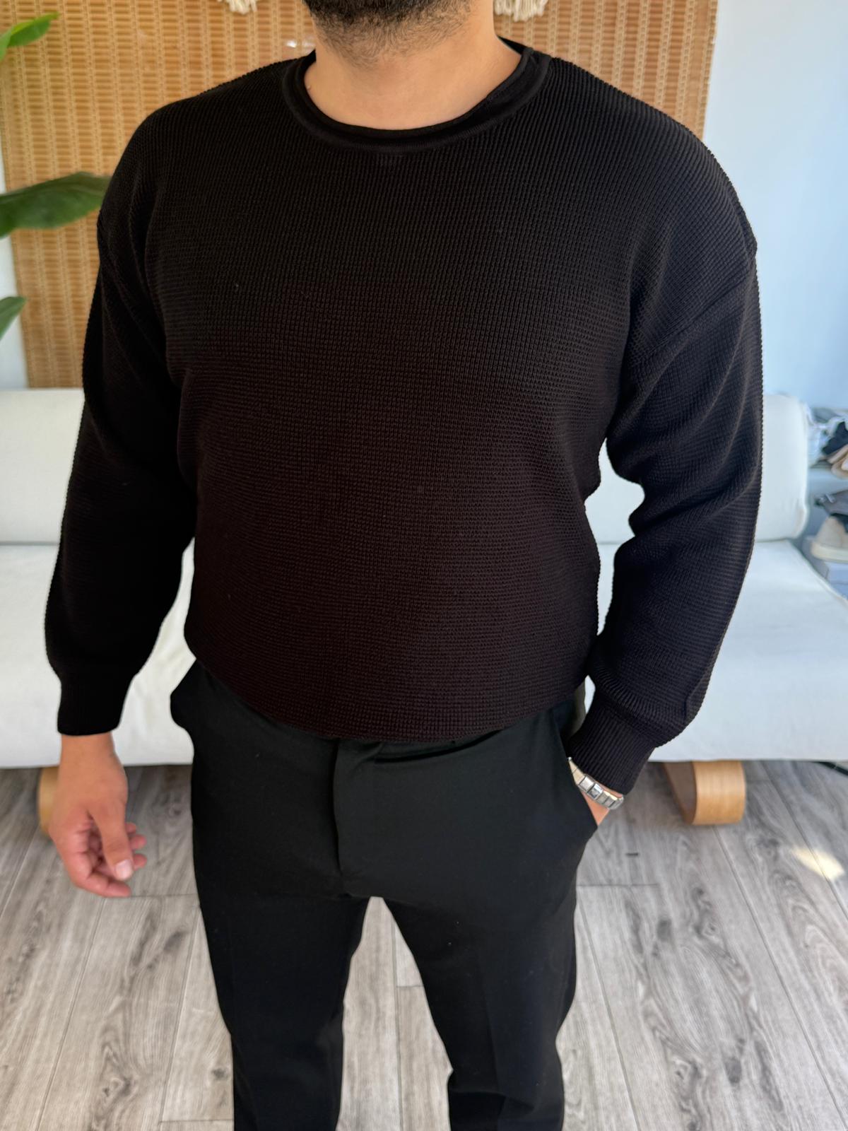 Geniş Yaka Örme Triko Kazak - Siyah