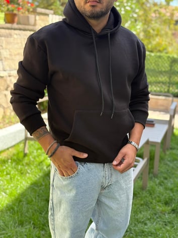 Kapüşonlu Kanguru Cepli Sweat - Siyah