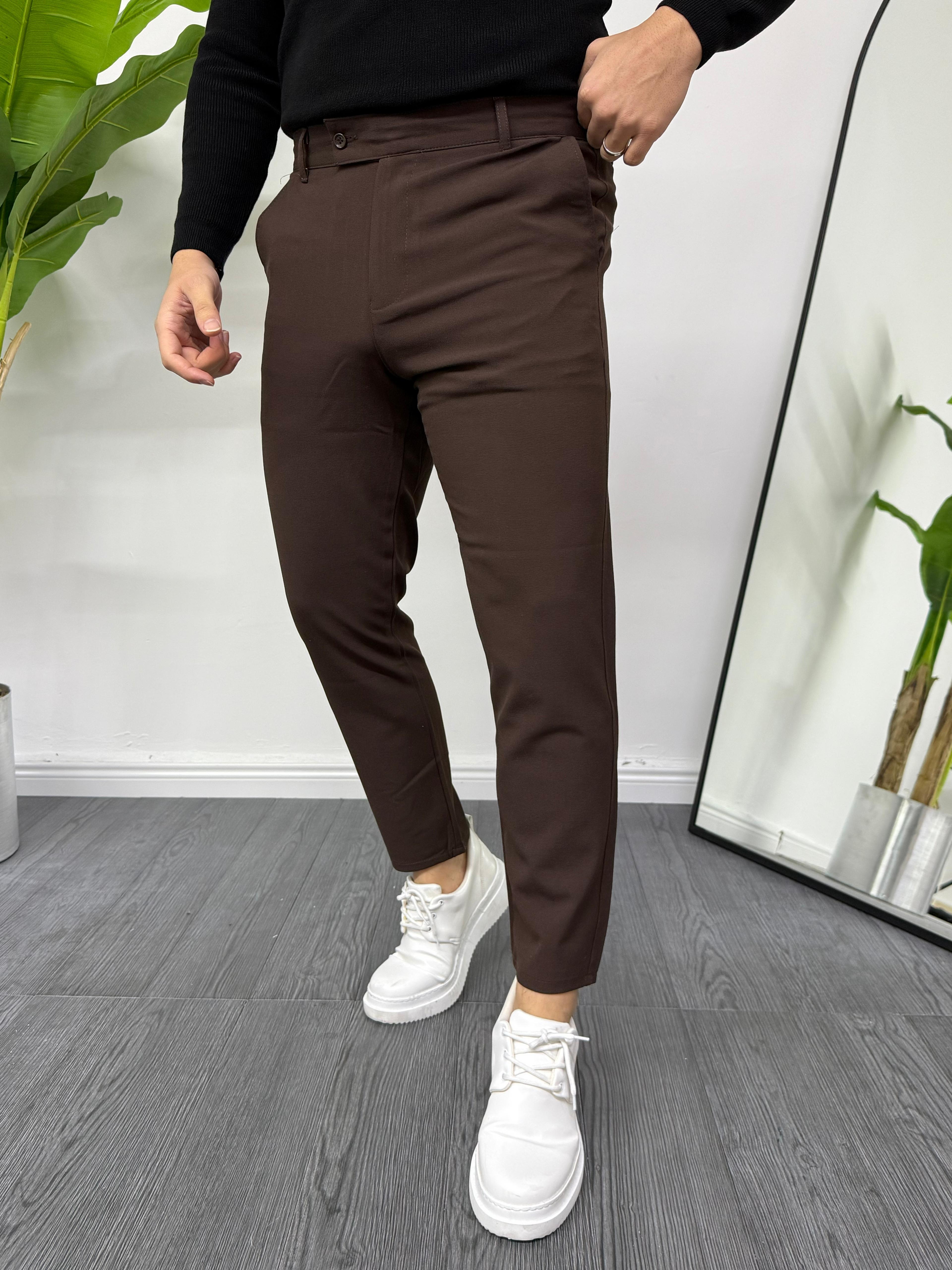 Likralı Slim Fit Dilli Kapama Kumaş Pantolon Kahve