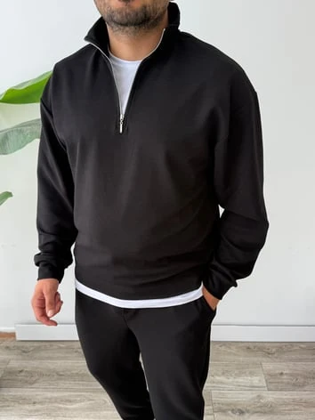 Petek Örme Alt Üst Yarım Fermuarlı Takım - Siyah