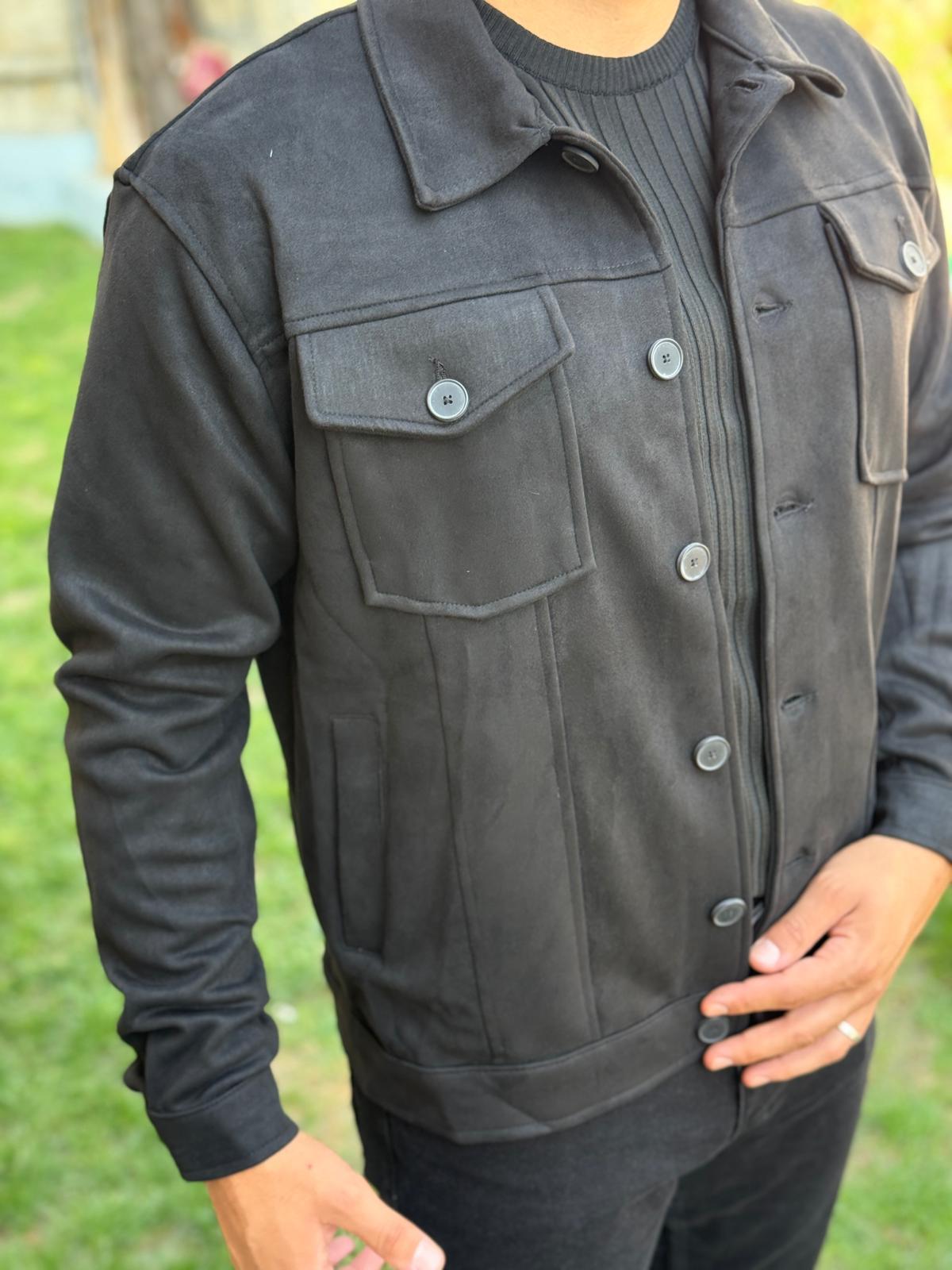 Nubuk Kumaş Tam Kalıp Üst Cep Kapaklı Ceket  - Siyah