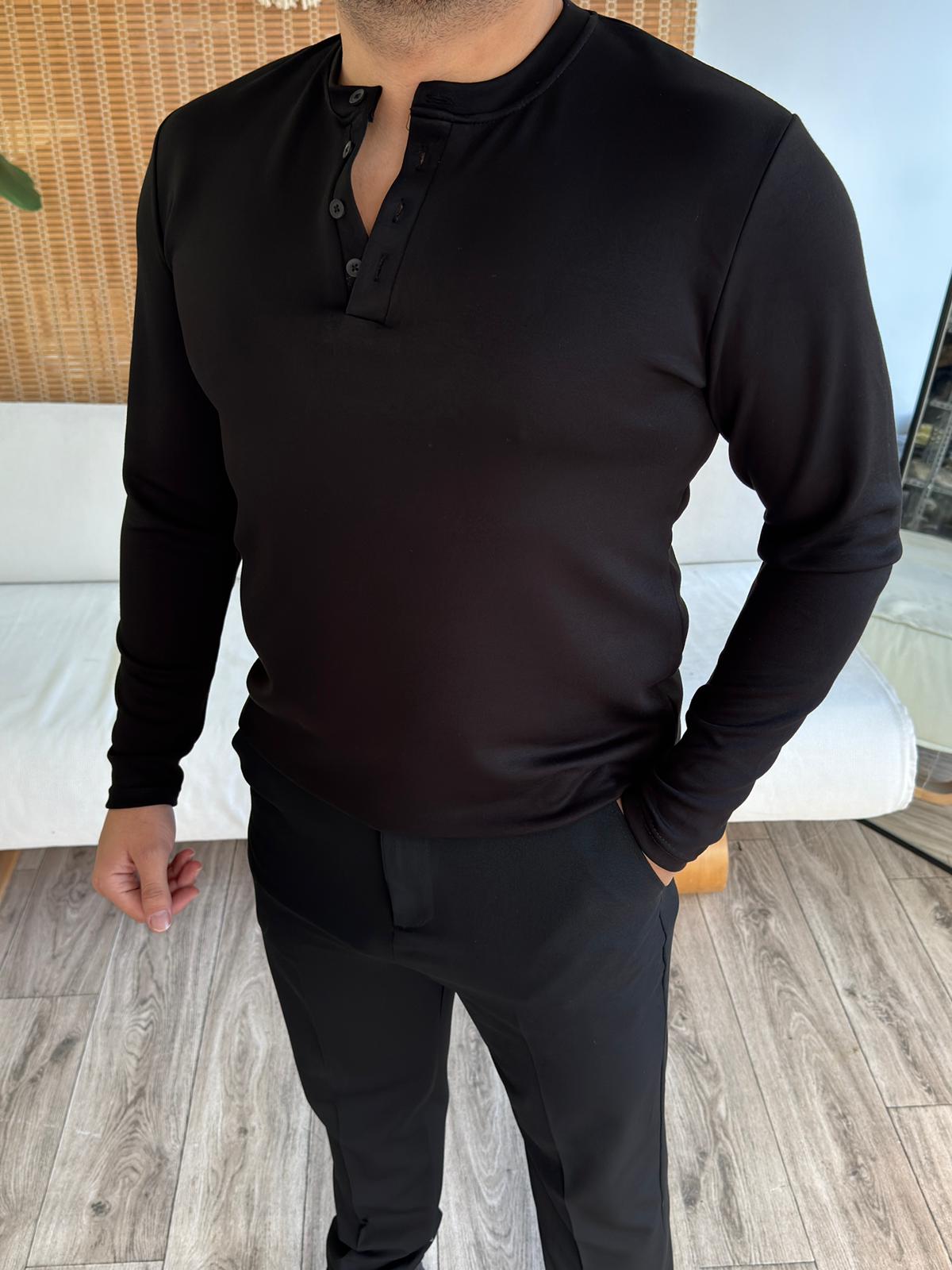 Modal Kumaş Premium Düğmeli Sweatshirt - Siyah