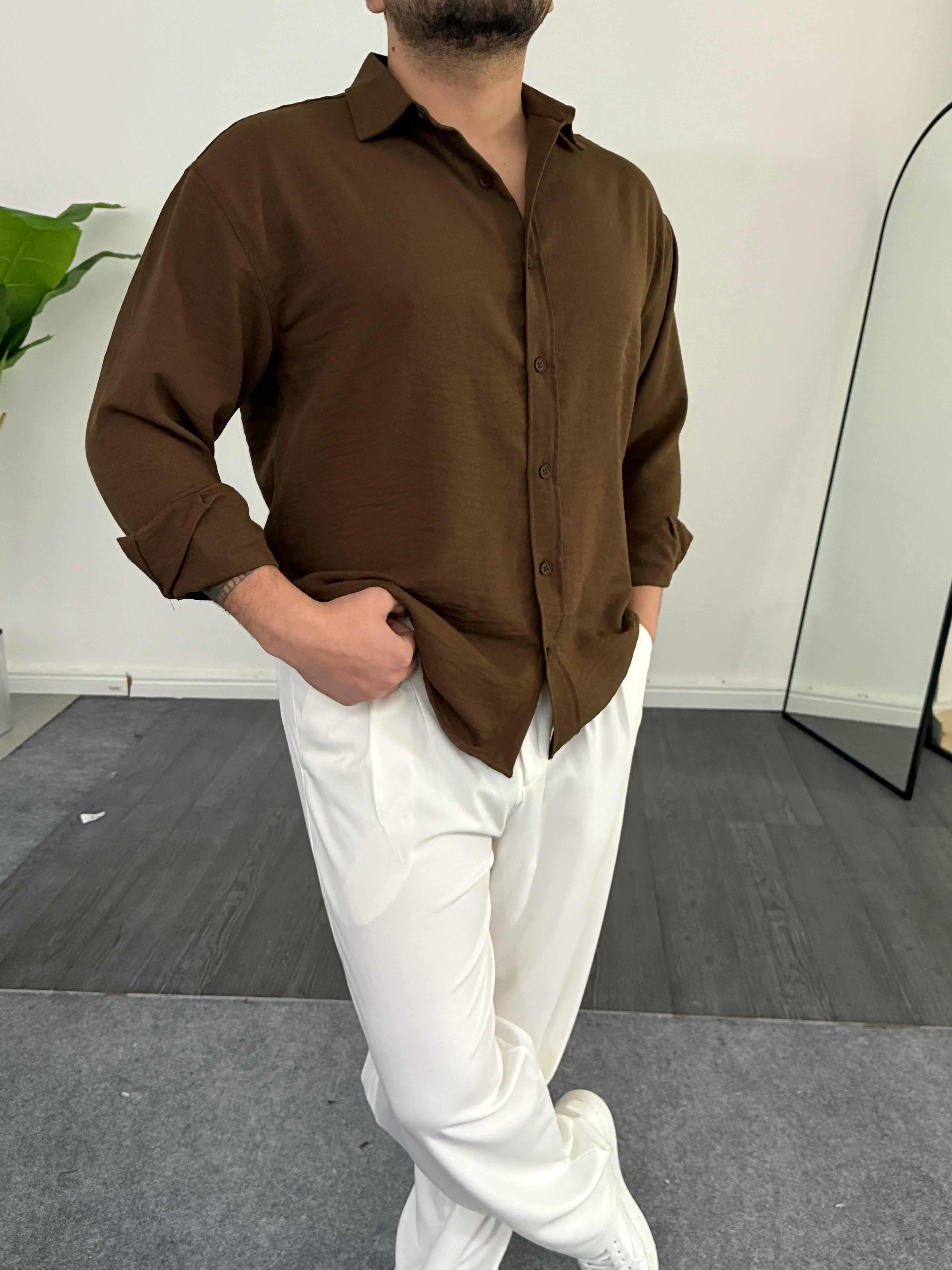 Tam Kalıp Keten Gömlek Kahve