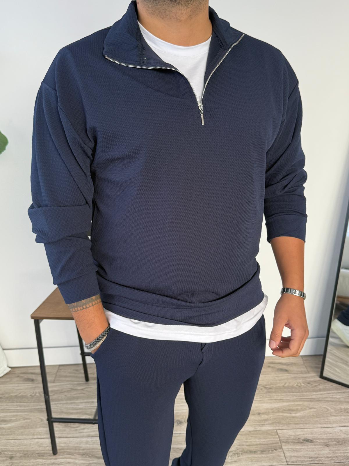 Petek Örme Alt Üst Yarım Fermuarlı Takım - Lacivert