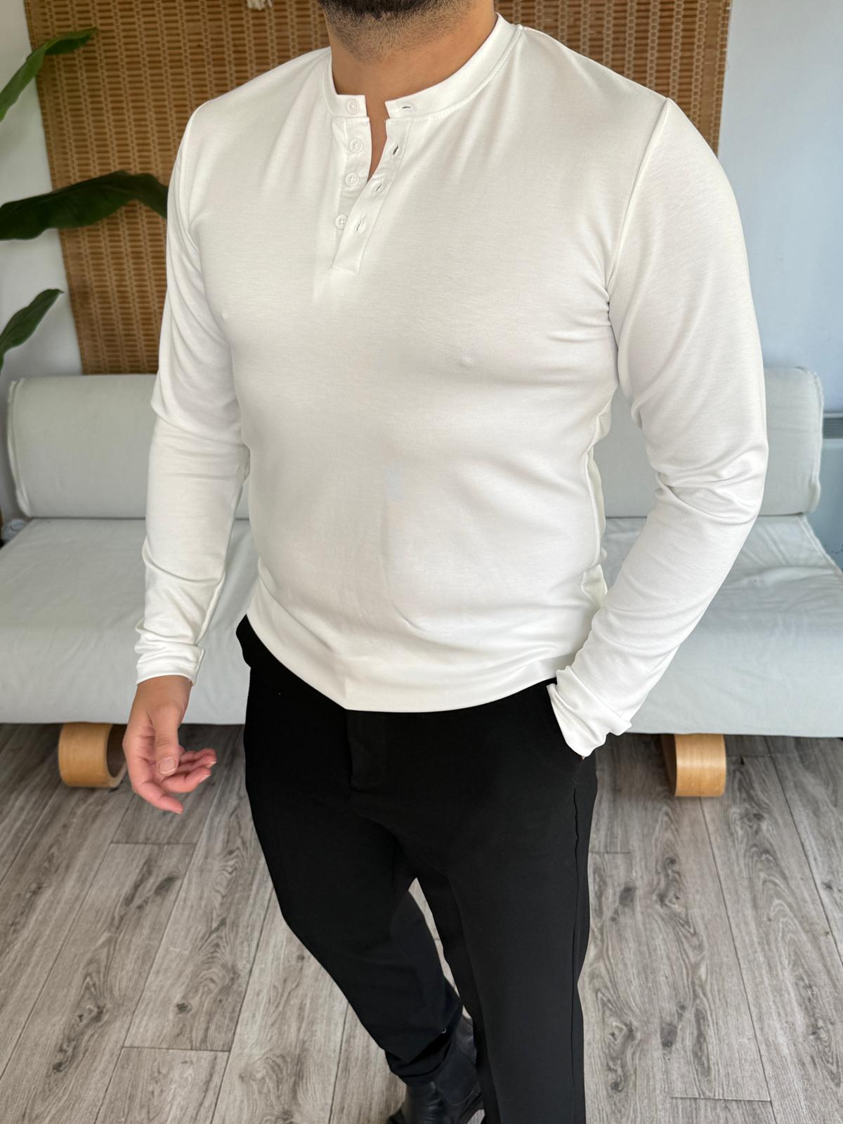 Modal Kumaş Premium Düğmeli Sweatshirt - Beyaz