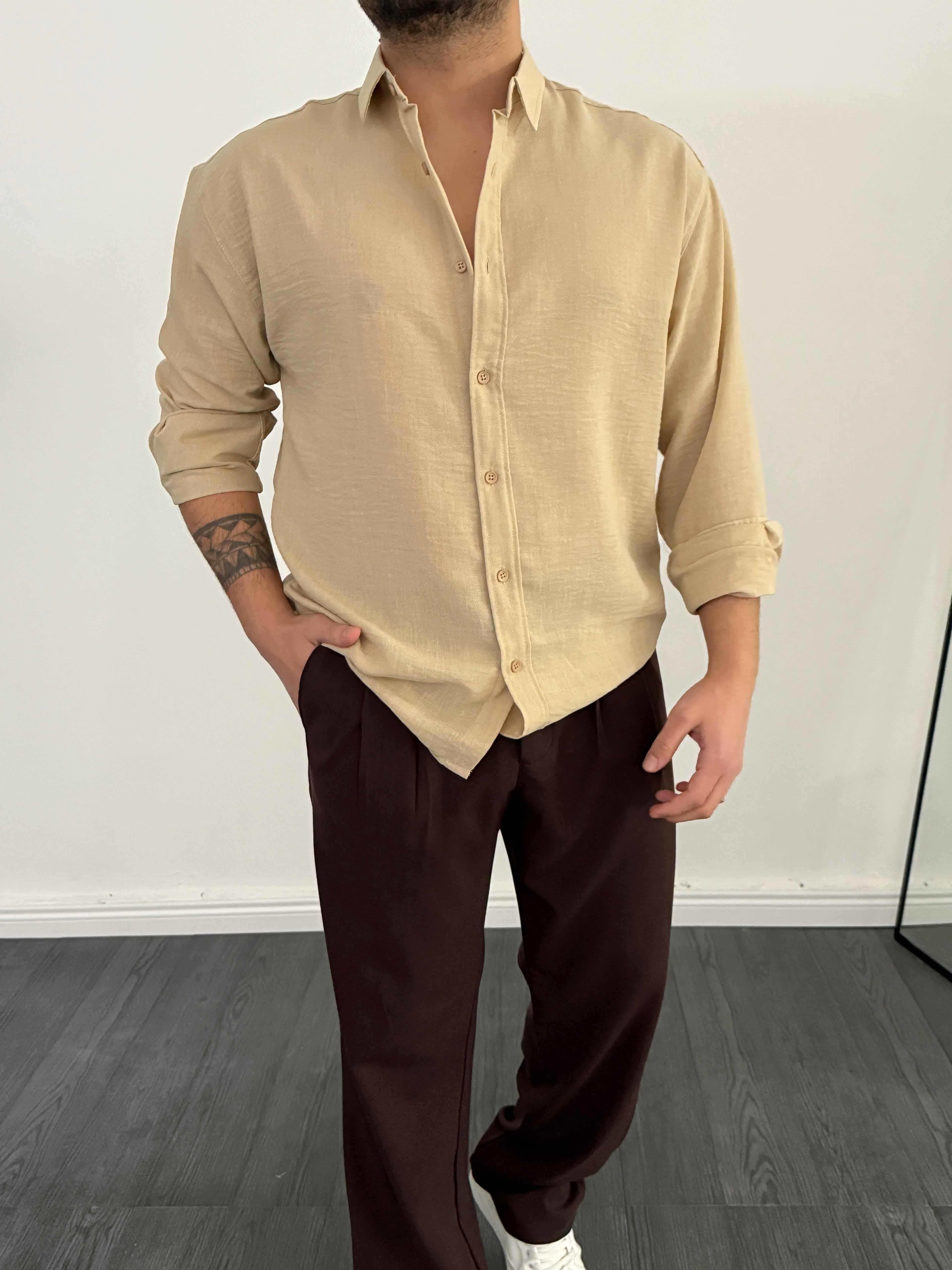 Tam Kalıp Keten Gömlek Bej