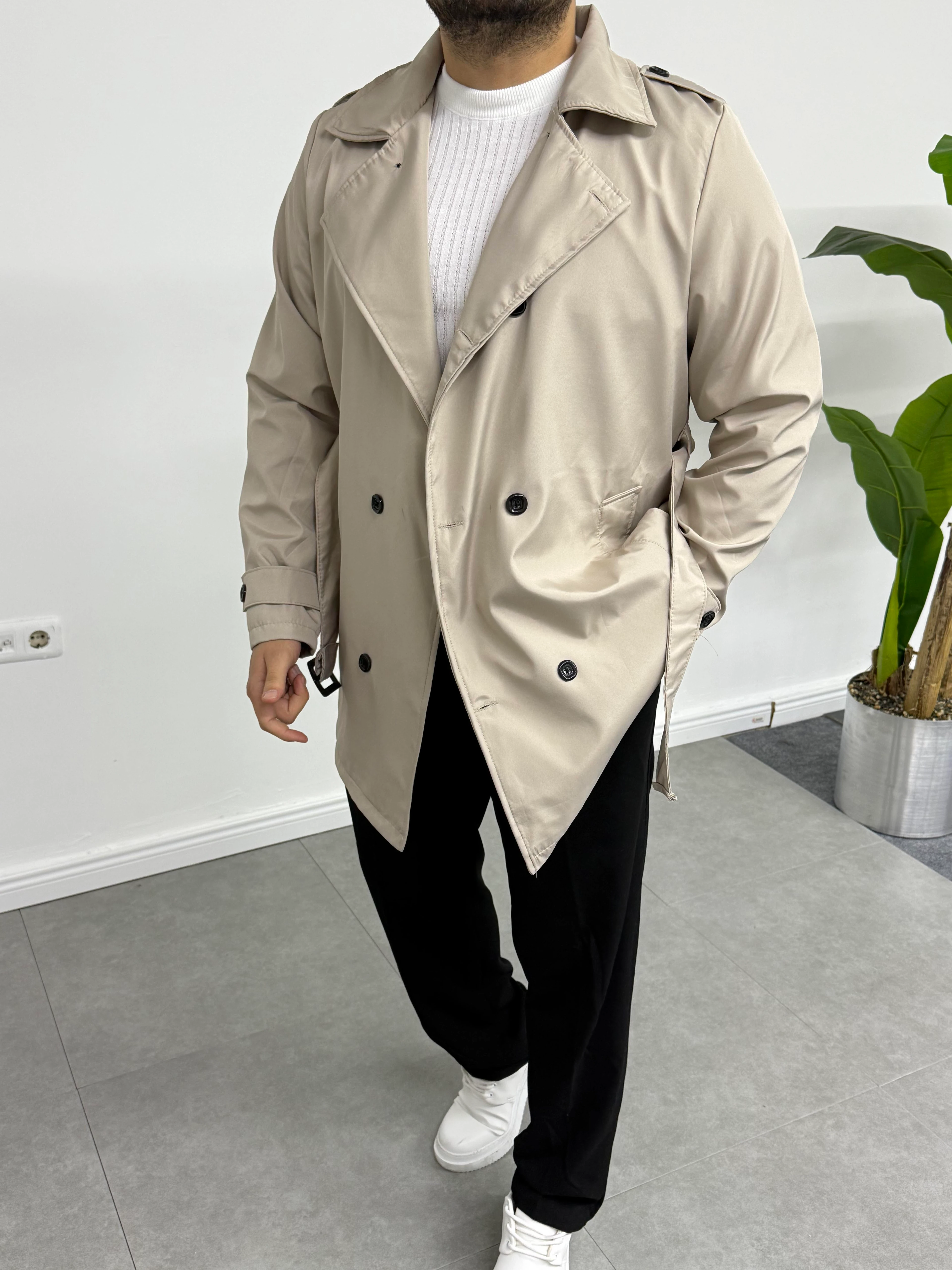 Regular Fit Apoletli Beli Kemerli Trençkot Bej