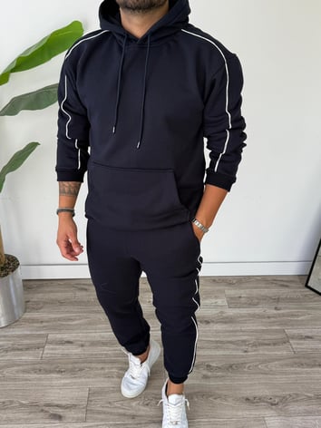 Kapüşonlu Kanguru Cepli Biyeli Alt Üst Takım - Lacivert
