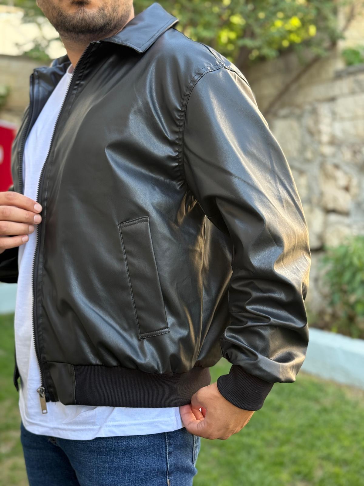 Yakalı Ribanalı Deri Ceket