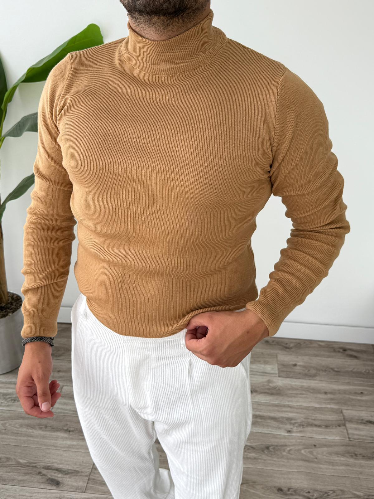 Yarım Balıkçı Örme Triko Kazak  - Sütlü Kahve