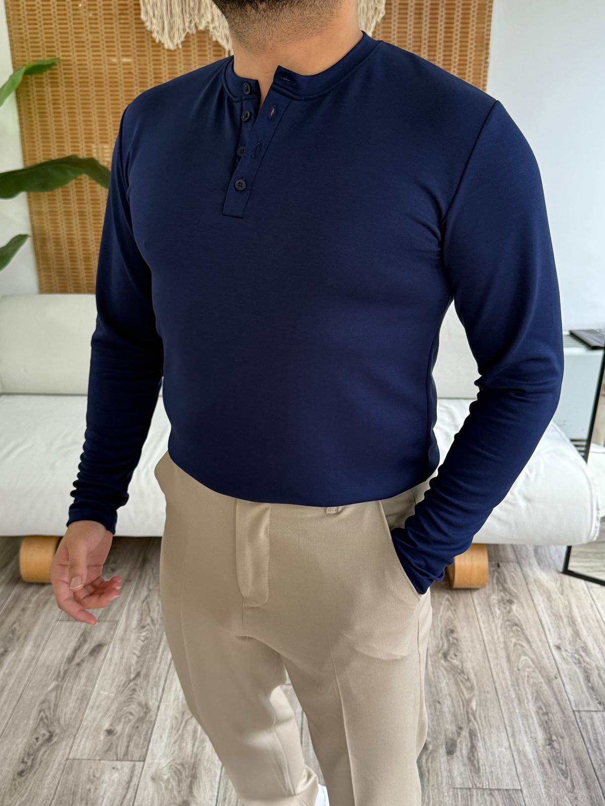 Modal Kumaş Premium Düğmeli Sweatshirt - Lacivert