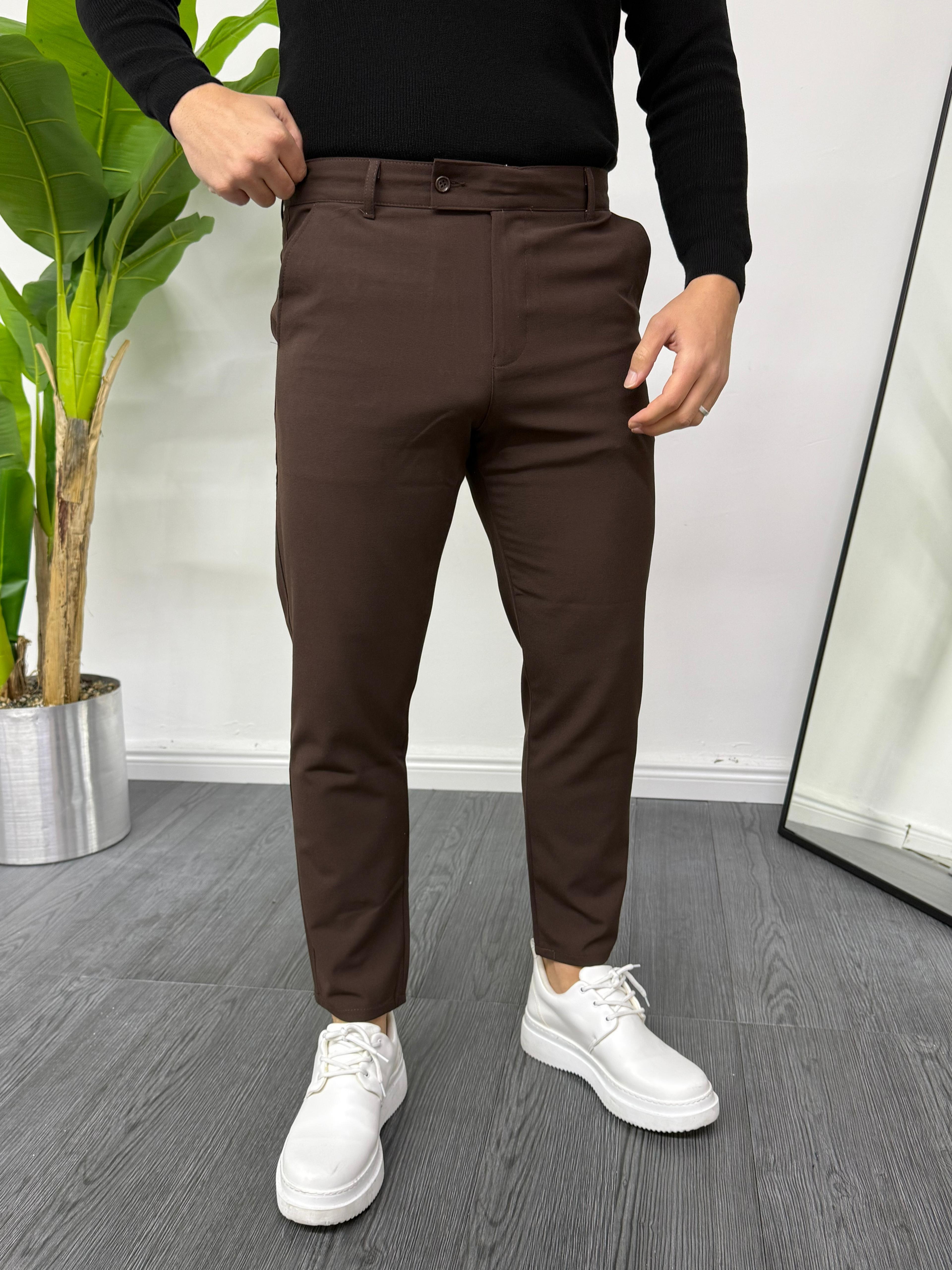 Likralı Slim Fit Dilli Kapama Kumaş Pantolon Kahve