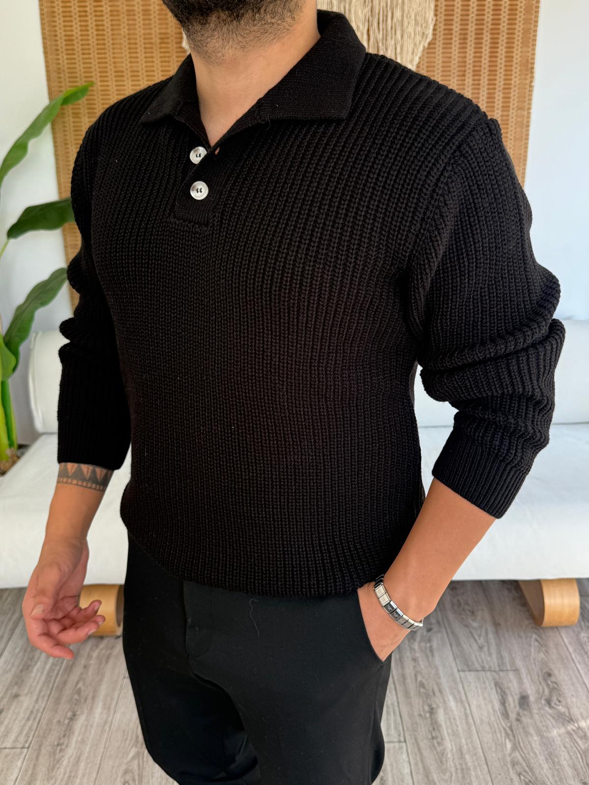 Düğme Kapama Kalın Triko Kazak - Siyah