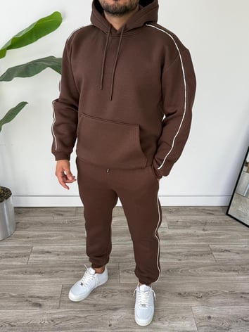 Kapüşonlu Kanguru Cepli Biyeli Alt Üst Takım - Kahverengi
