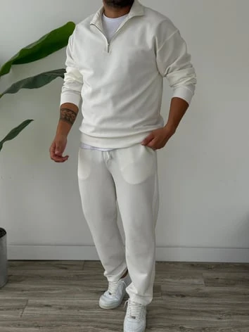 Petek Örme Alt Üst Yarım Fermuarlı Takım - Ekru