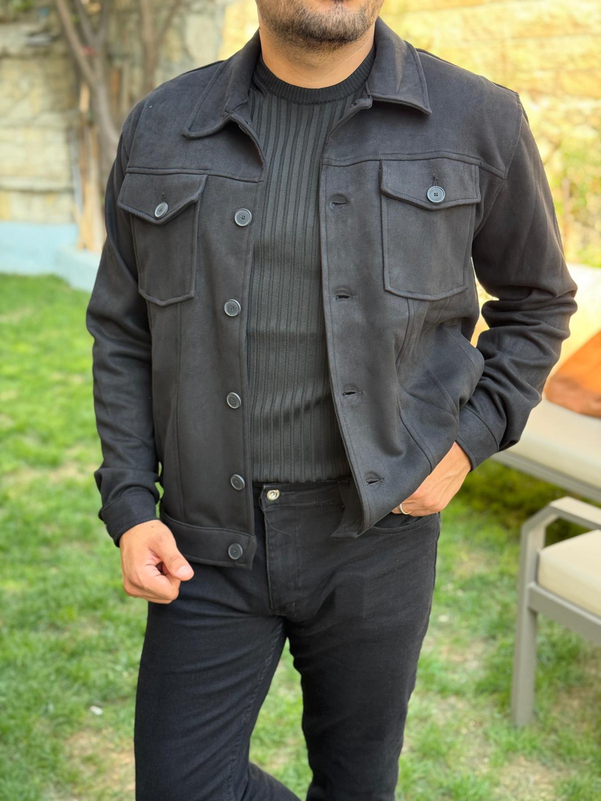 Nubuk Kumaş Tam Kalıp Üst Cep Kapaklı Ceket  - Siyah